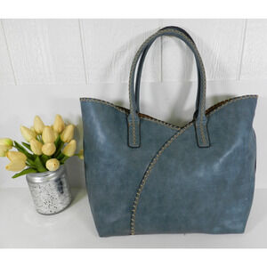 Mimi Tote handbag Purse LARGE Blue whip stitch great w/Jeans Vegan leather (nn56